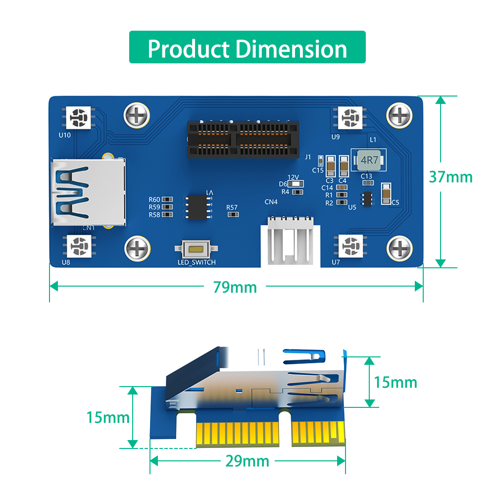 PCI-E 1X Riser Card 22cm with Magnetic Foot Pads and LED