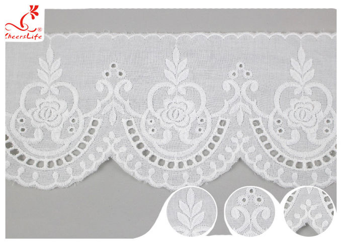 Cream Embroidered Eyelet Cotton Lace Trim Border With Floral Pattern SGS Verified
