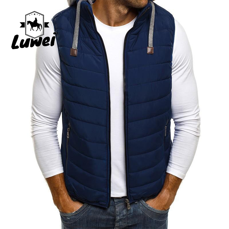 Casual Outdoor Hooded Utility Warm Plus Size Zipper Drawstring Coatsmen Lightweight Quilted Waistcoat Vest