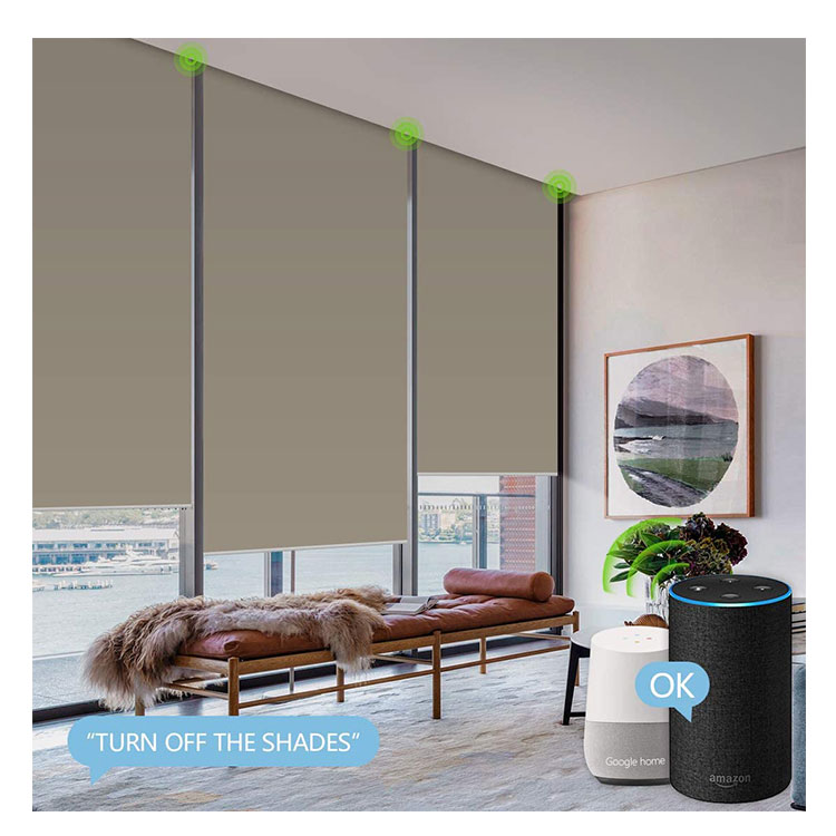 Eco-friendly oil/waterproof smart home speaker APP bluetooth control tubular google motorized roller blinds blackout 