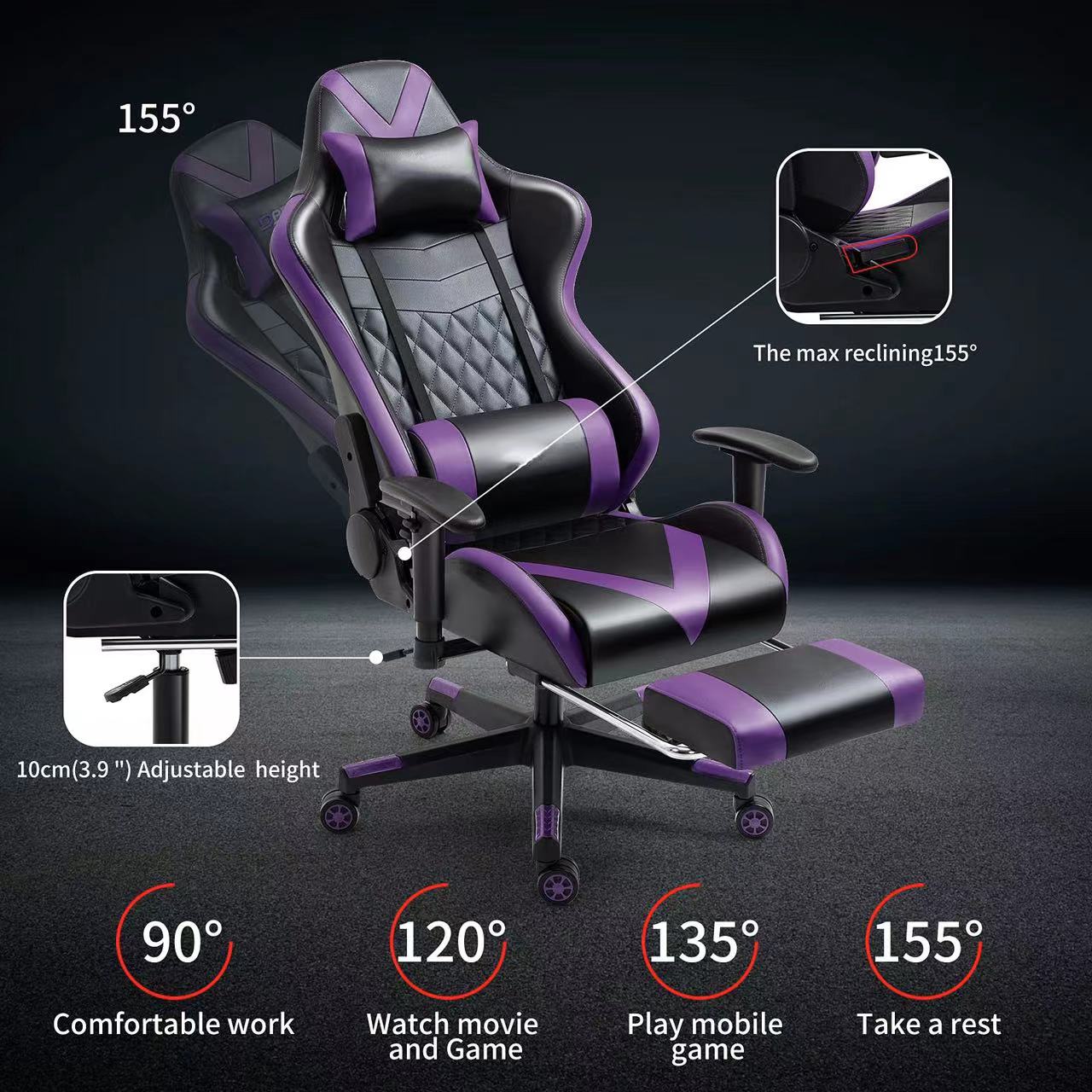 Adjustable Armrest Gaming Home Chair with Footrest and Massage in Purple Leather