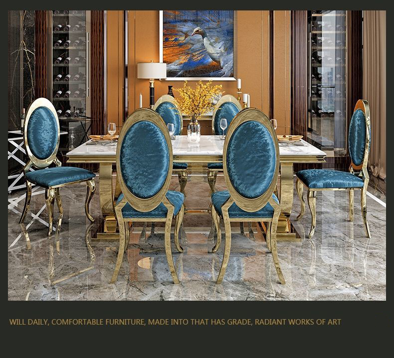 Rose Gold Luxury Dining Table And Chairs 6 Seats Stainless Steel Chair Marble