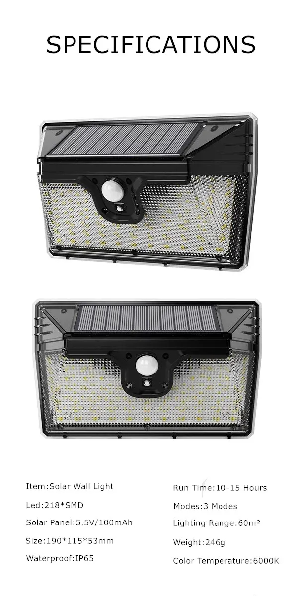 218LED Soft Cold White Solar Motion Sensing Wall Light for Outdoor Garden Energy Saving