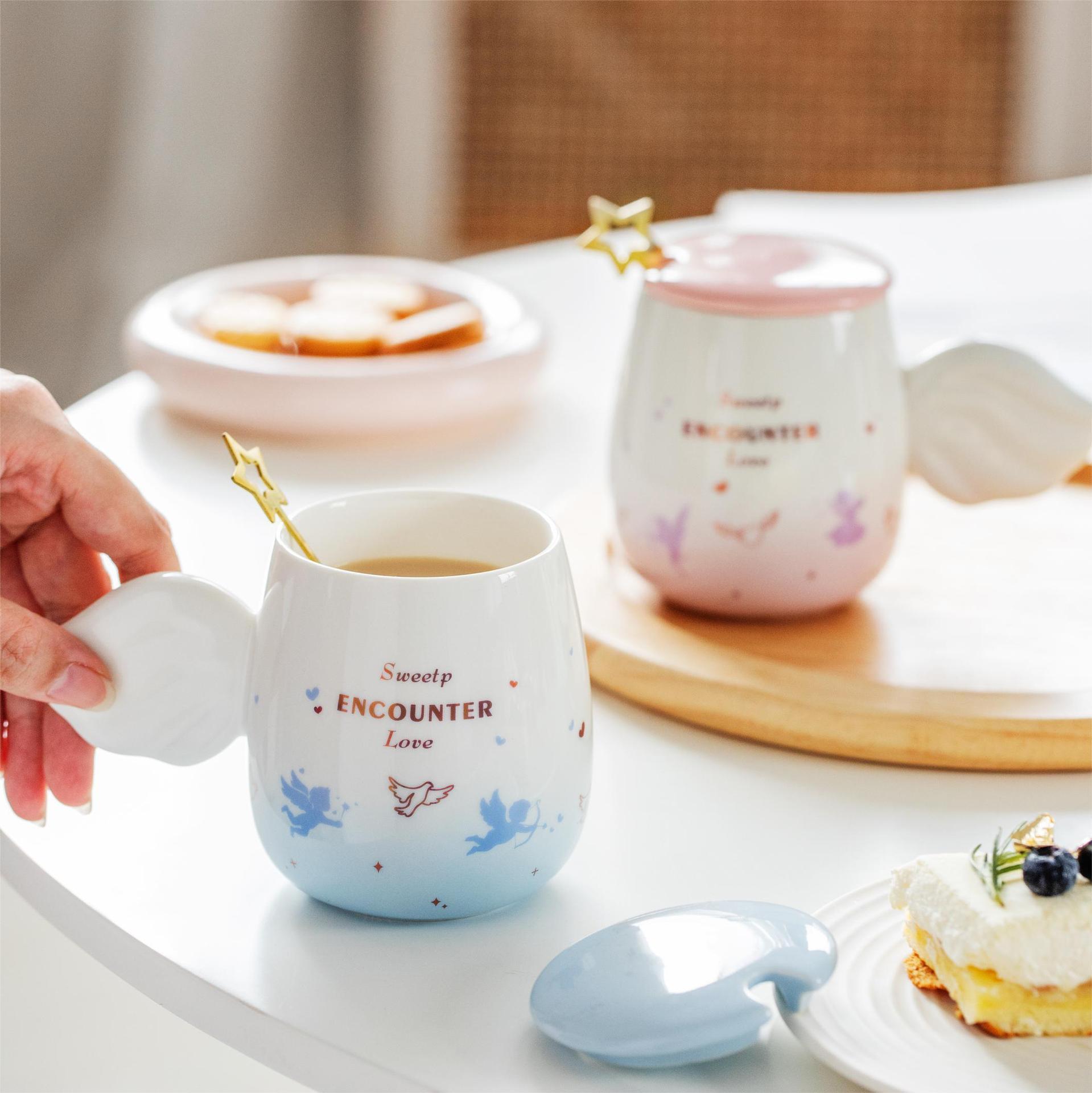 Angel Wings Romantic Cupid Couple Cup Gradient Ceramic Cartoon mug with lid spoon for men and women flower tea cup
