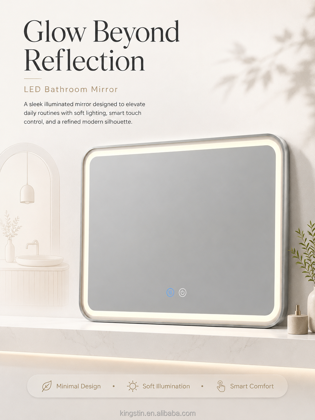 Kingstin Rectangular LED Bathroom Mirror, Dimmable 3-Color, Anti-Fog, Custom Size Metal Frame Smart Vanity Mirror