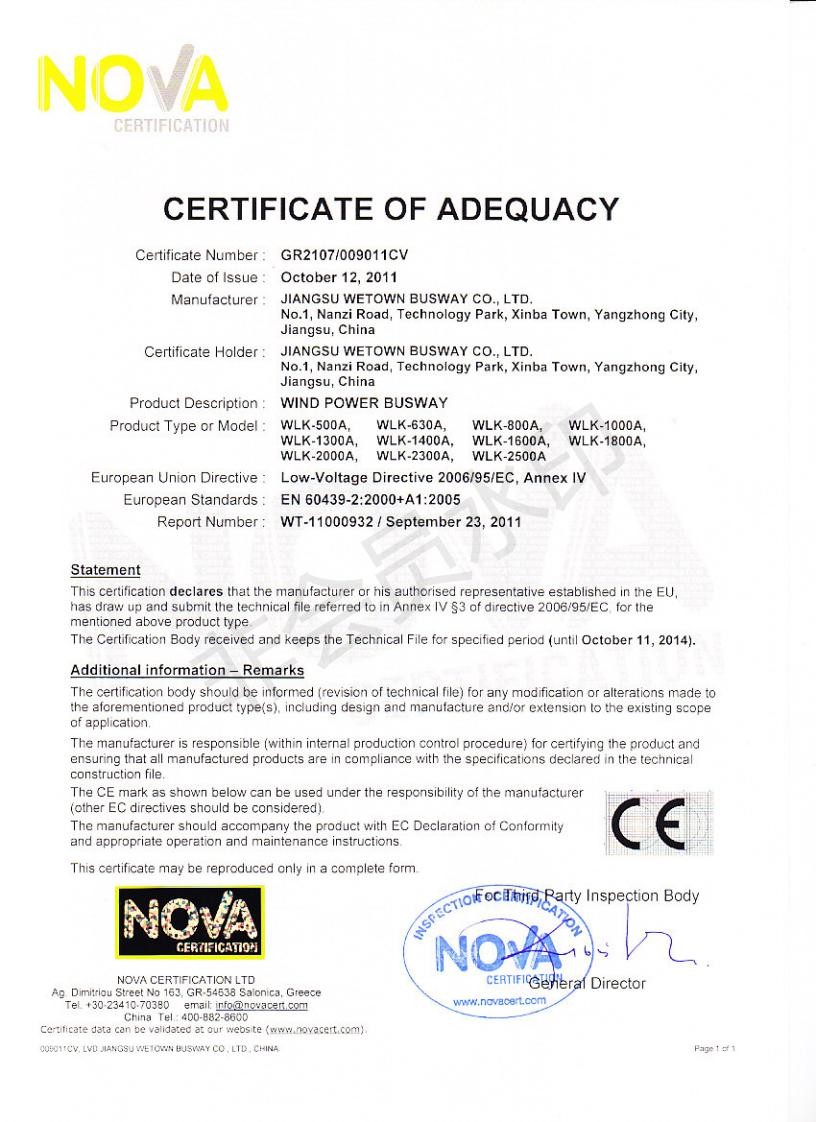 Wetown Electric Group Co.,Ltd. Certifications