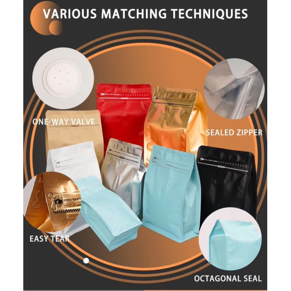 High Quality Food Grade Moisture Resistant Zipper Valve Flat Bottom Food Packaging Bags Coffee Bags