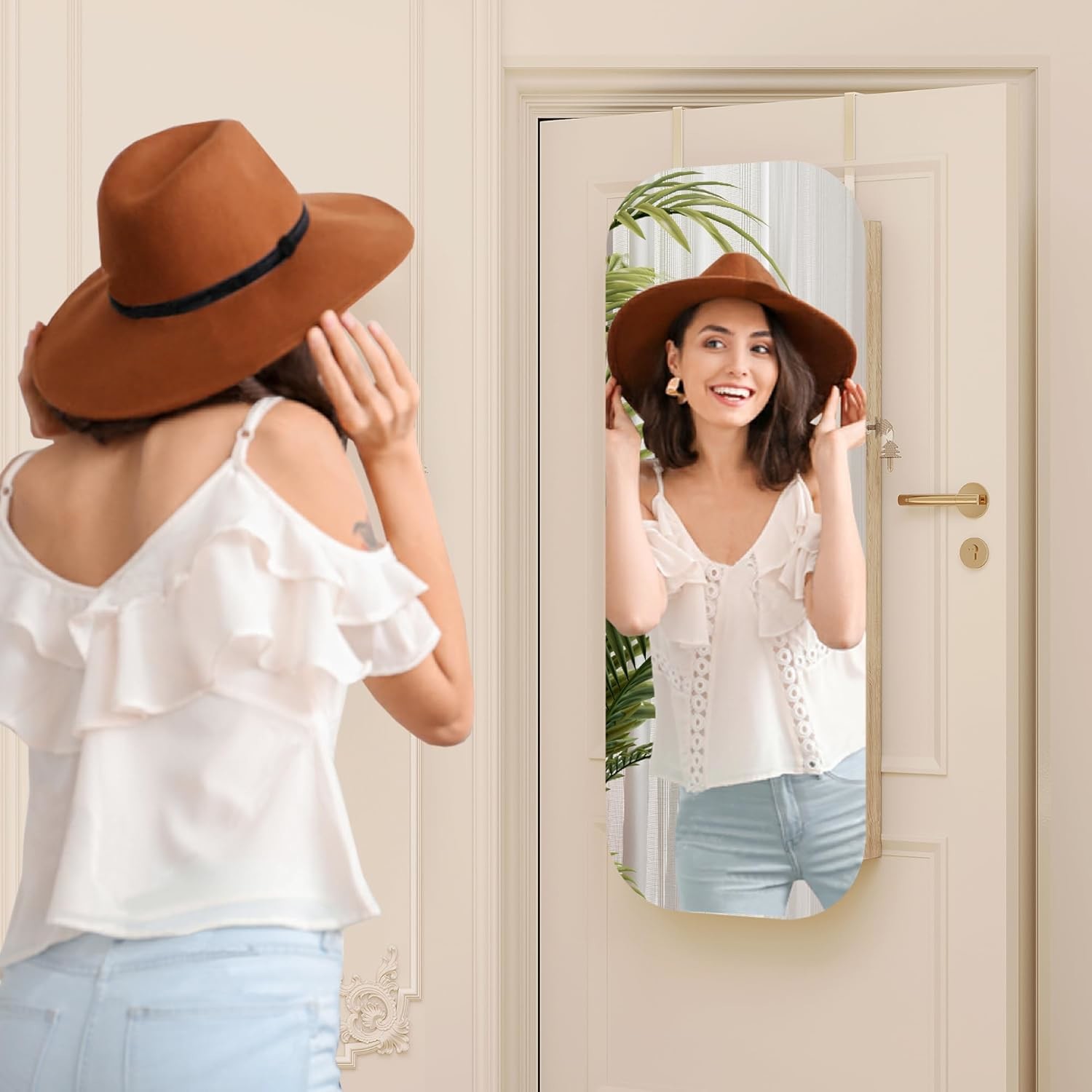 Modern Jewelry Armoire Mirror with LED Lights and Storage