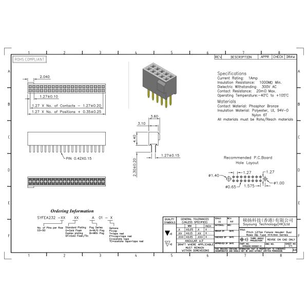 Female Header Connector 1.27mm Dual Row Straight Type With Bump 2*3PIN To 2*50PIN H=4.40mm