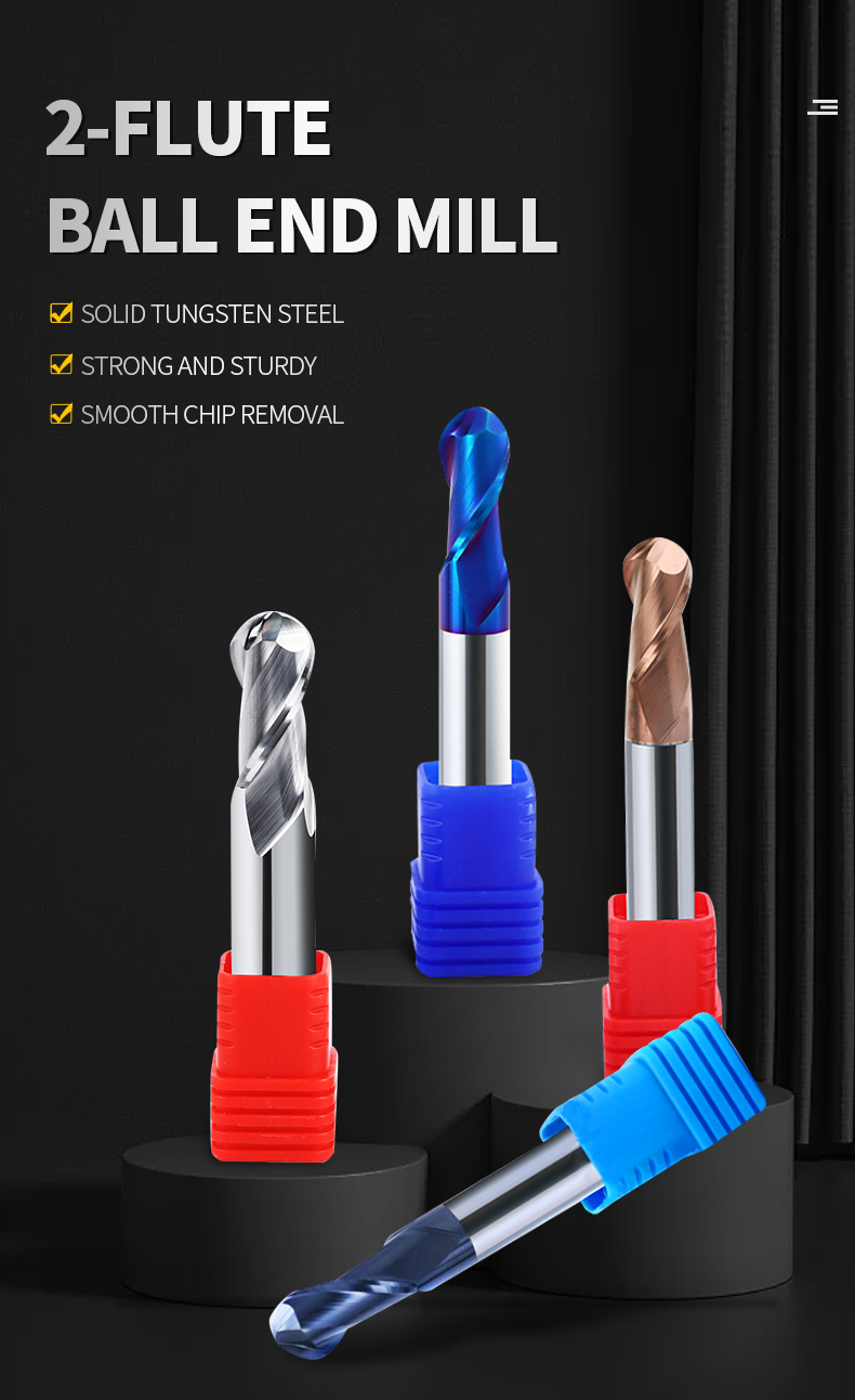 Tungsten Steel HRC60 High Mcd Ball End Mill Double Spiral Groove DLC Coating Ball Head Metal Milling Cutter for CNC Machines