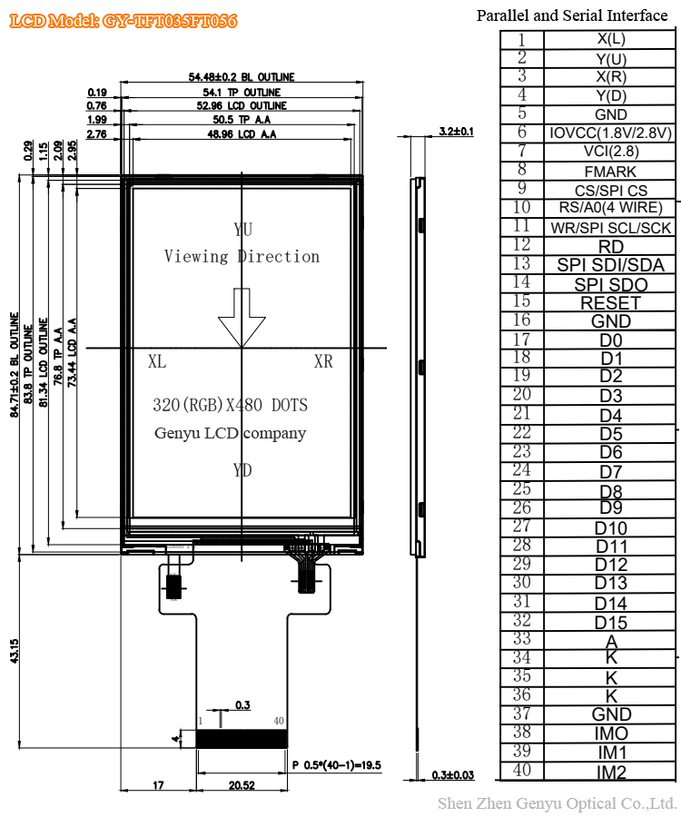 3.5 Inch TFT LCD Display Module 320x480 Resolution MCU Interface