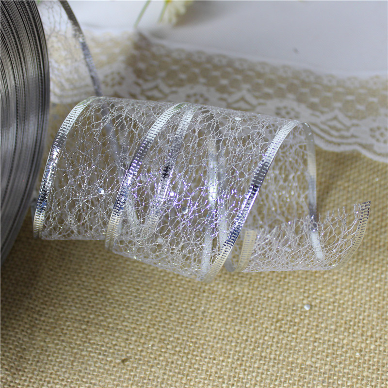 2 1/2 Silver Glitter Wired Edges Ribbon For Christmas Holiday Decoration Metallic Organza Mesh Ribbon