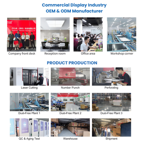 Commercial Display Totem OEM ODM Manufacturer profile poster showing factory cleanrooms, production assembly lines, and shipment logistics collage