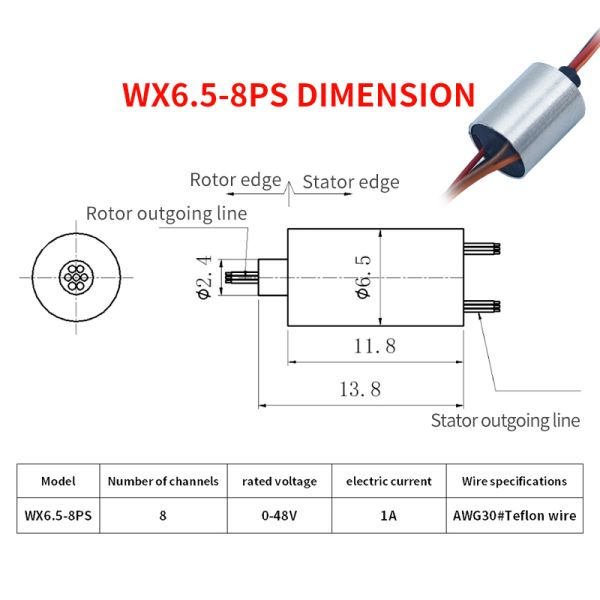 Technical drawing of WX6.5-8PS miniature collector ring showing dimensions