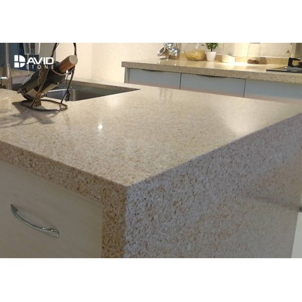 Beige Glossy Polished Quartz Stone Countertops , Solid Surface Quartz Kitchen Top