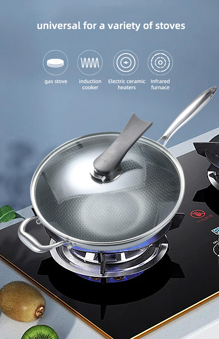 Custom OEM/ODM Kitchen Honeycomb Frying Pan 18/8 Stainless Steel Frypan Non Stick Cooking Pan With Glass Lid
