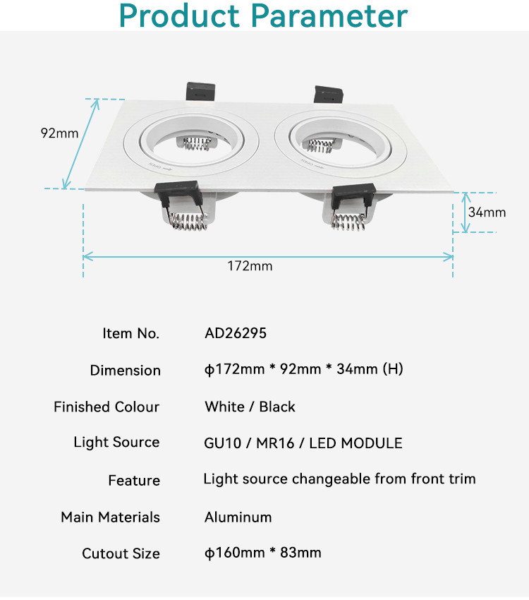 Dual-Head Square Recessed Spotlight 20° Tilt & Rotating Housing