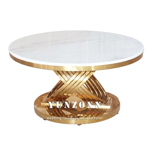 Modern Gold Metal X-base Round Marble Top Coffee Tables Side Table
