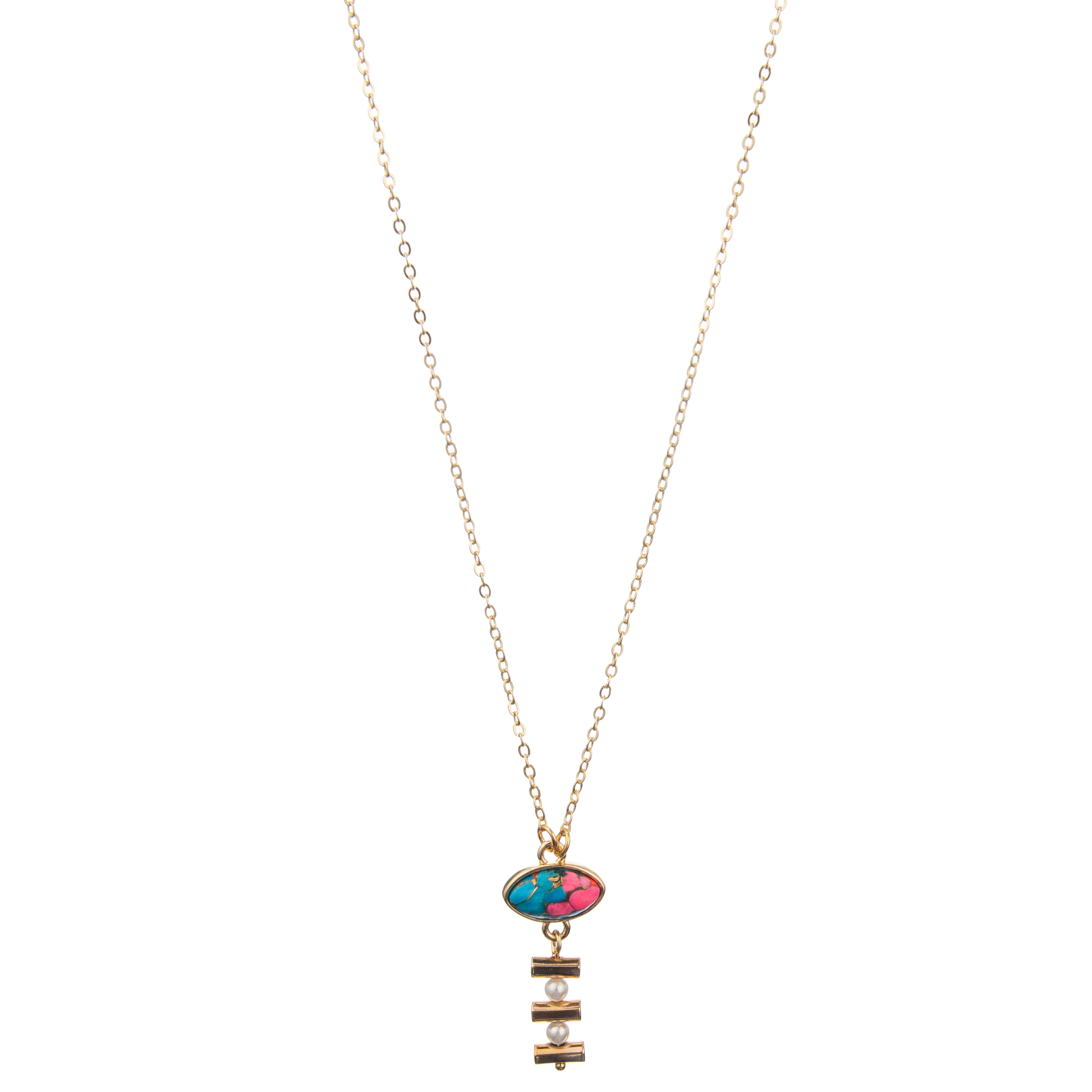 2 Pearls Handmade Chain Link Necklace Set With Gold Plated Oval Turquoise