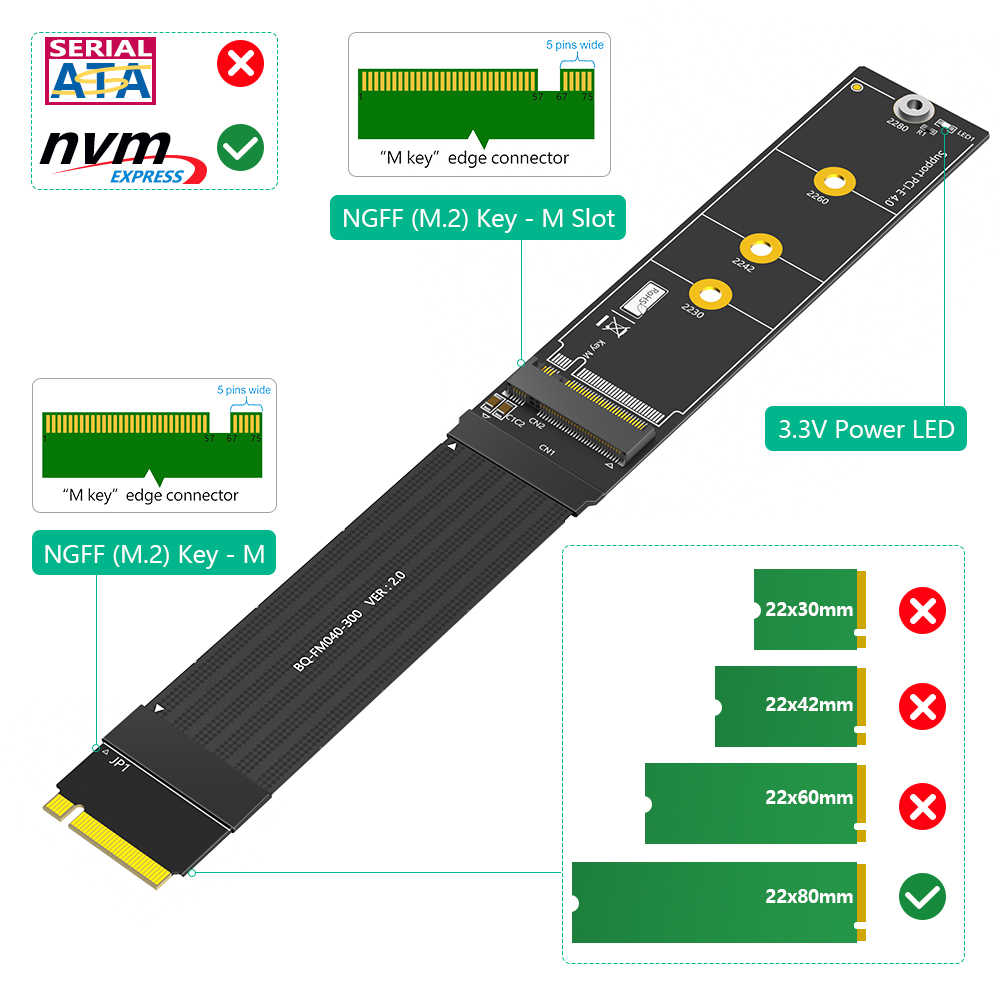 M.2 NVME SSD Extension Cable 30cm 180 Degree for Laptop PC