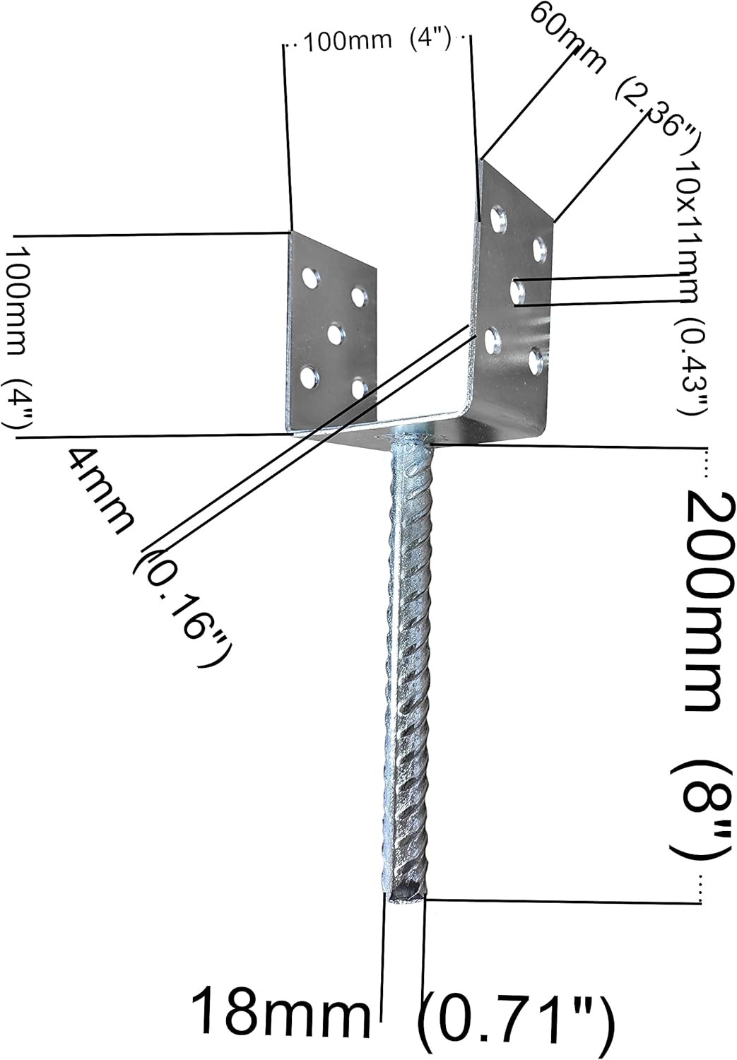 U Type Pergola Brackets Foot Shaped Galvanised 4mm Thick 4 Inch X 4 Inch X 2.3 Inch