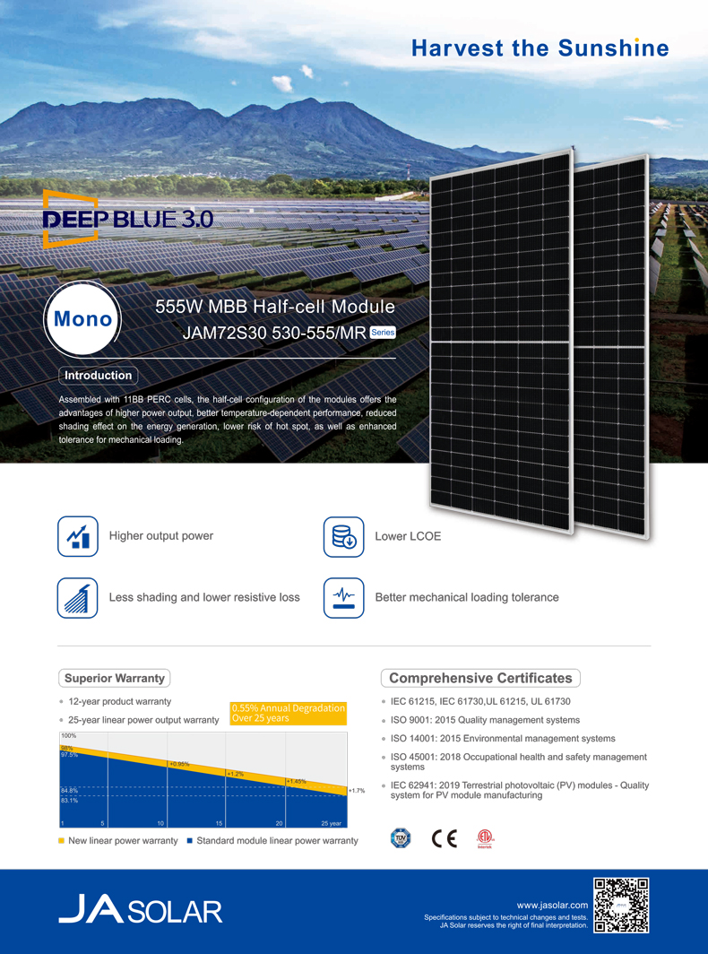 540w 550w Ja Solar Photovoltaic Panel Jam72s30-540/Mr Mbb Perc Half Cells For Home