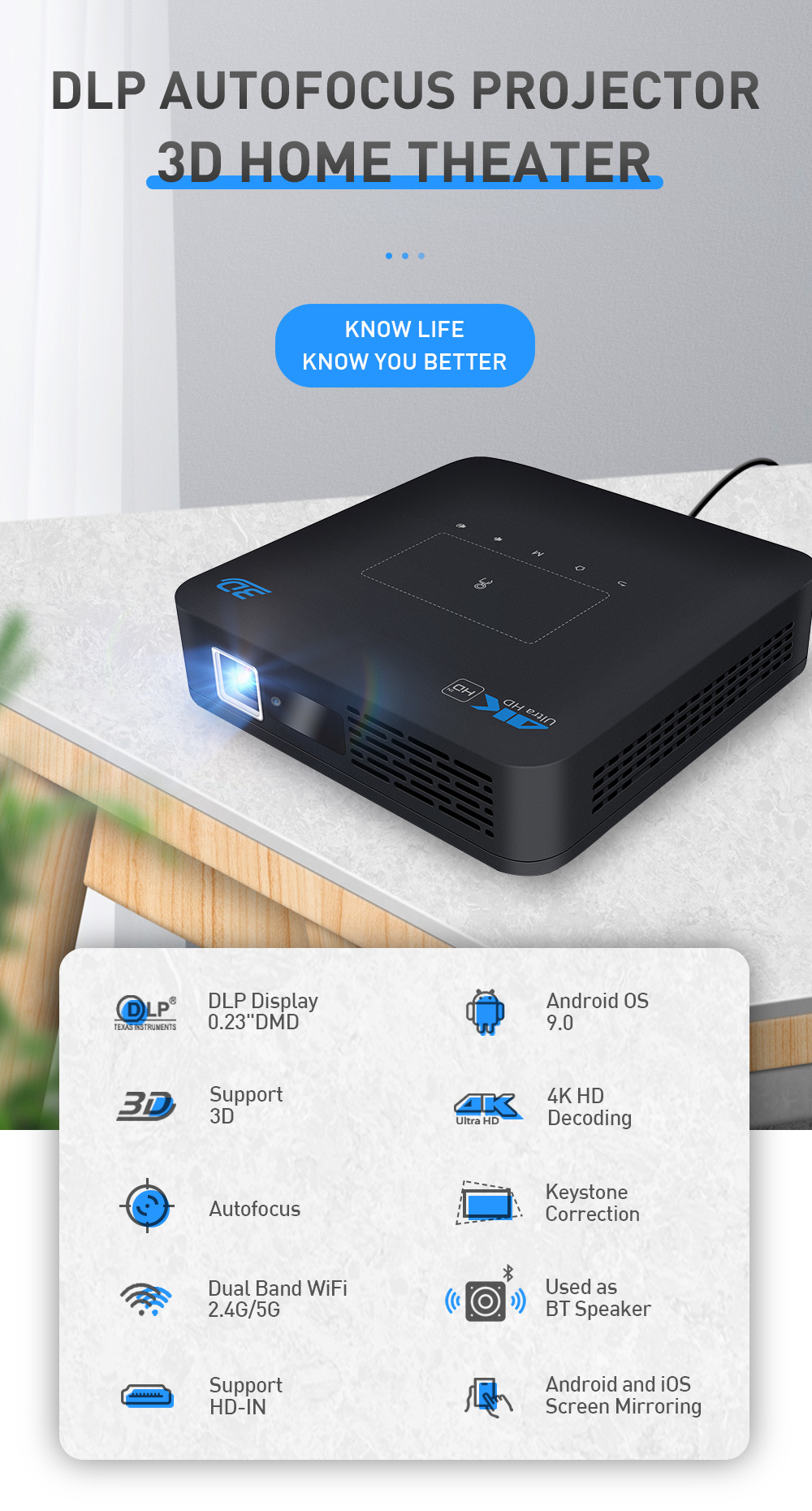 Flyin P15 1080P Full HD DLP Projector Portable WIFI Android 9 IOS Home Theater 4K Auto 3D Stereo Built-in 4-hour Battery Manual focus