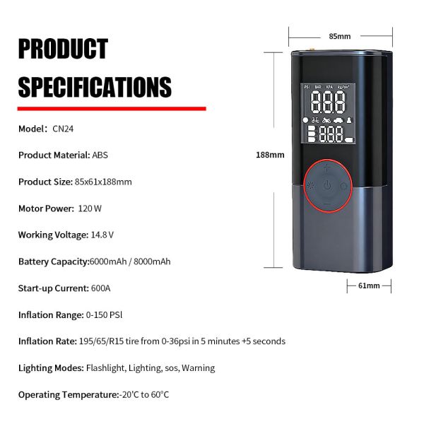Type C Multi Function Car Jump Starter With Air Compressor 0-150PSI Jump Starter Starter Pack
