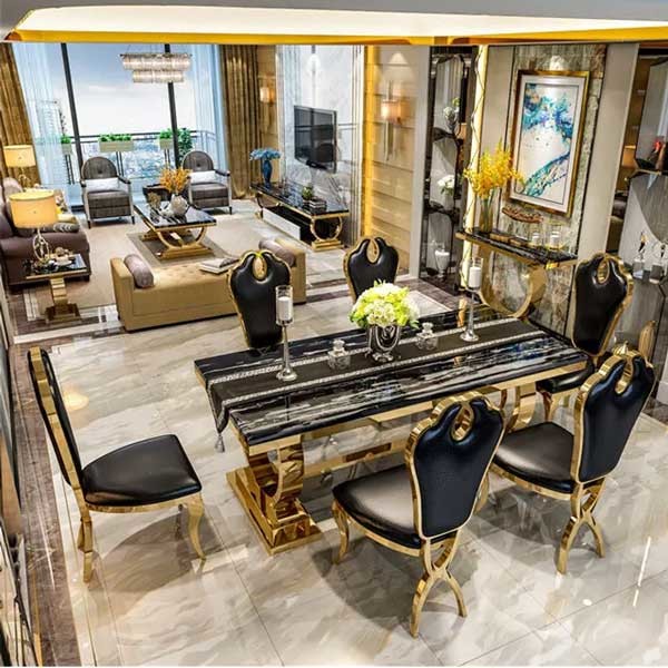 Rectangle Shape Dubai 8 Seater Marble Dining Table Set Stainless Steel Base With Chairs