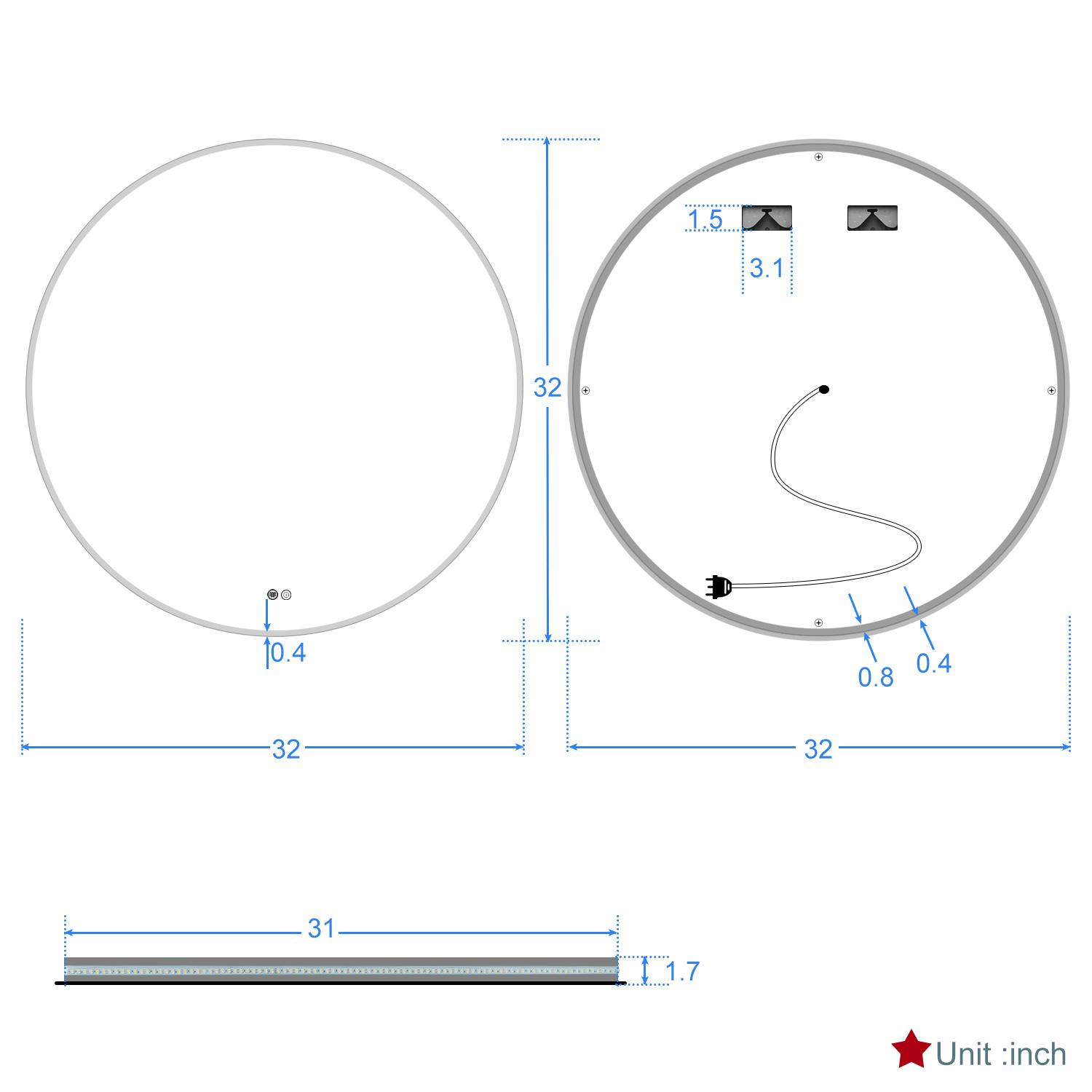 12V LED Round Bathroom Mirror Customized Lighted Smart Mirror 5mm With Warm White Yellow Light