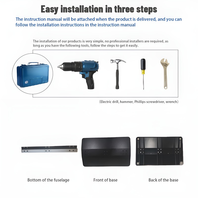 Easy Installation in Three Steps guide showing tools, fixed base assembly, and fixed totem process