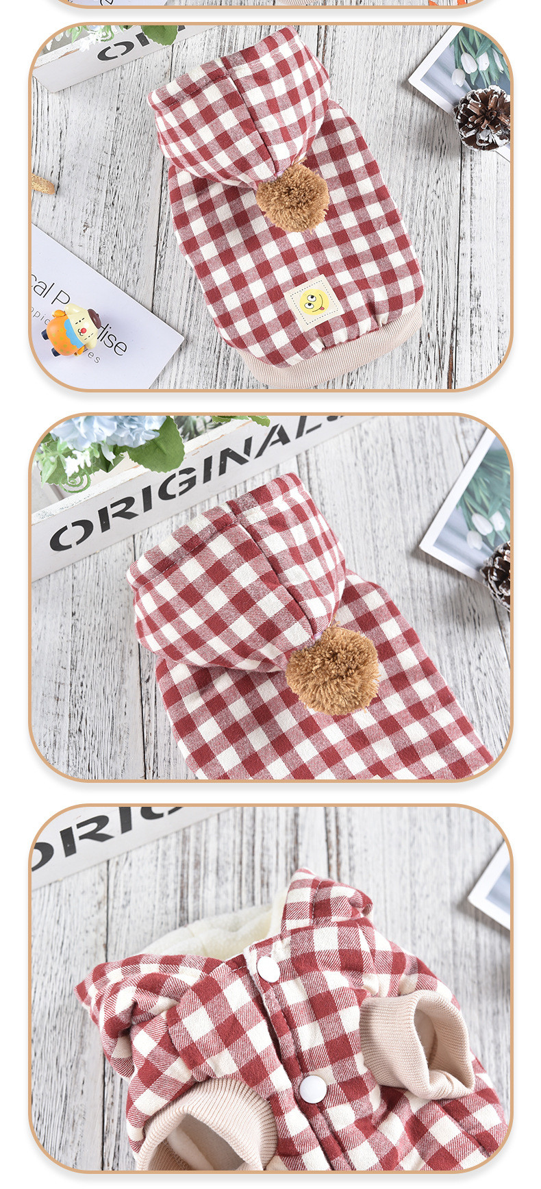 Keep Warm Dog Pet Short Plaid Hooded Coat Thickened Custom Logos Pet Clothing