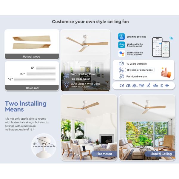 Solid Wood Ceiling Fan 52 Inch with 3 Blades and DC Motor Featuring 6 Speed Remote Control for Residential and Commercial Spaces