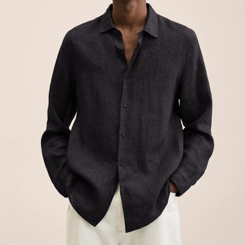 2022 Independent Station V Neck Loose Button Cotton Linen Shirt Man Popular Long Sleeved