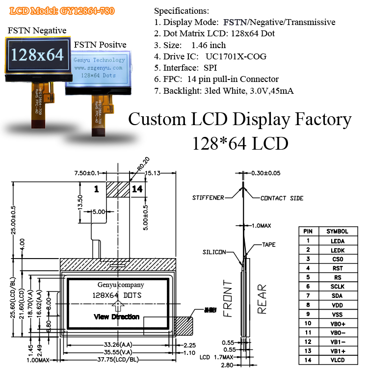 128x64 Fstn COG LCD Display Module I2c Spi St7567 26pin Screen Monochrome Display 12864 Mono LCD Graphic Display ST7567 or UC1701