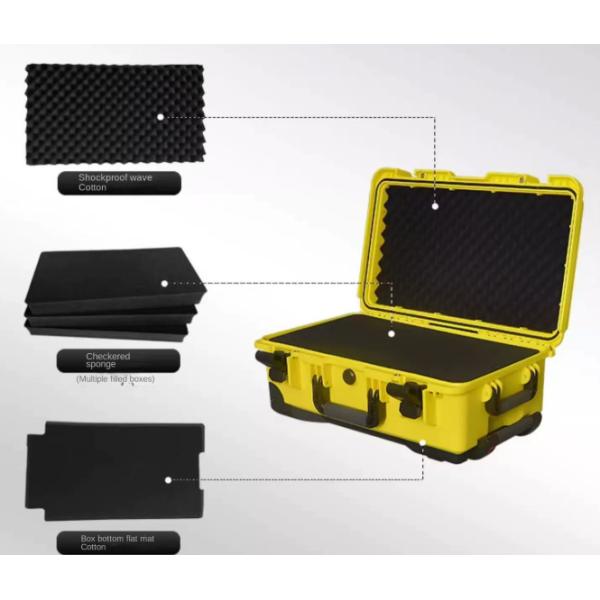 Waterproof camera trolley case front view with wheels and handle