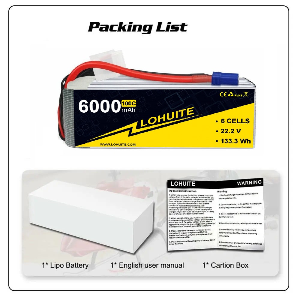 22.2V 6000mAh 6S Lipo Battery Dean 50C/100C 6S Lipo Battery 6000MAH For RC
