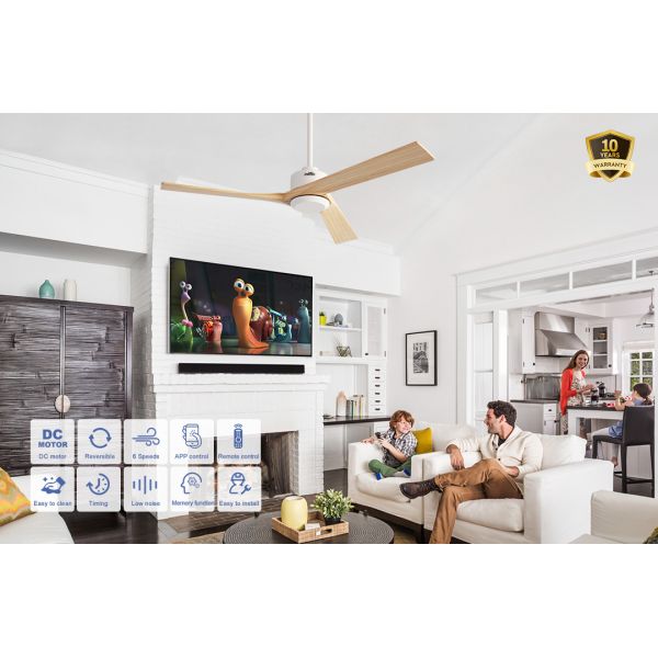Solid Wood Ceiling Fan 52 Inch with 3 Blades and DC Motor Featuring 6 Speed Remote Control for Residential and Commercial Spaces