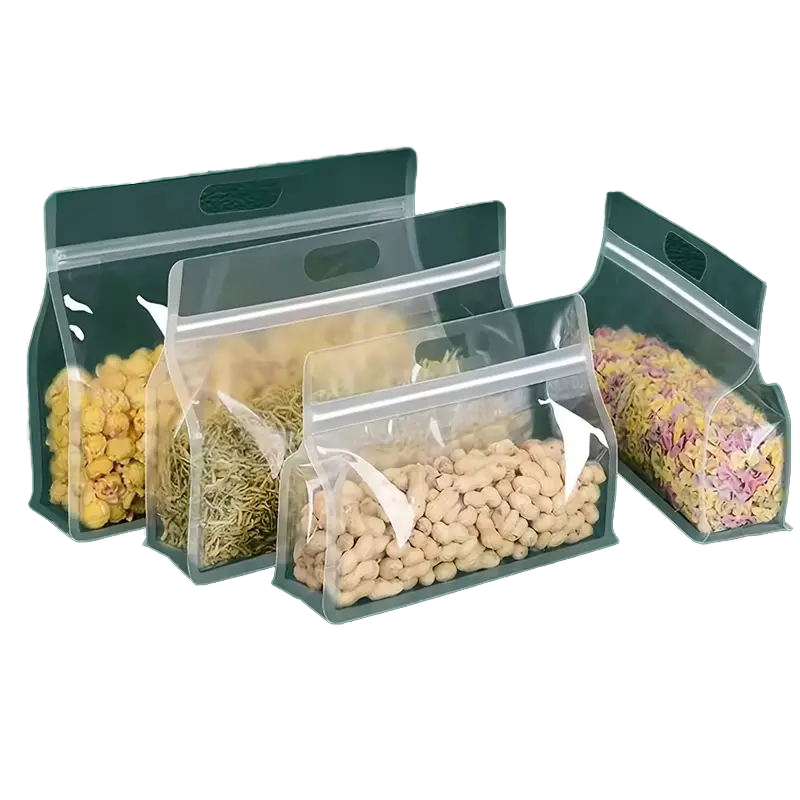 Cheap Reusable Stand up Ziplock Square Bottom Mylar Clear Hand Hole Food Packaging Plastic Bags for Storage