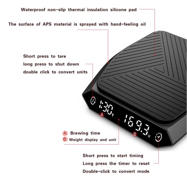 2KG/0.1G Digital Kitchen Scale with USB Charging and High Precision Sensor for Coffee and Baking