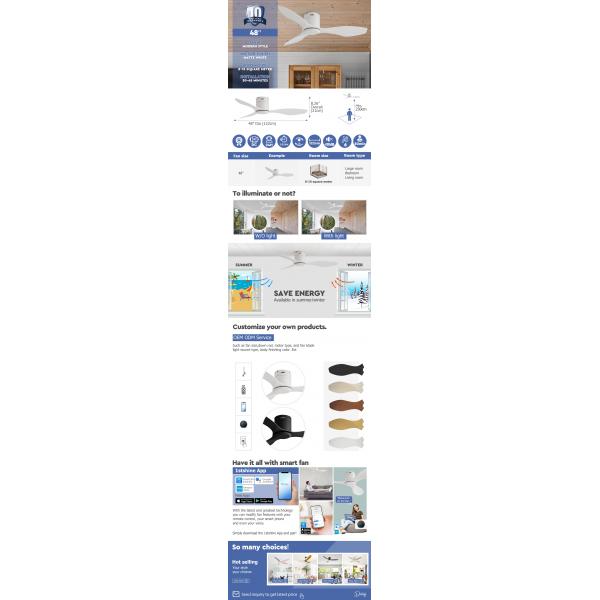 Plastic Ceiling Fan 48 Inch White ABS Blades Flush Mount LED Ceiling Fan With Dimmable Lighting