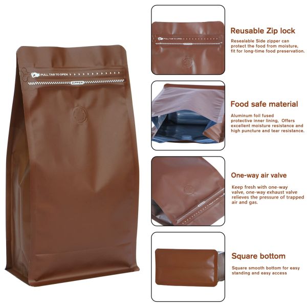 Custom Print Logo Coffee Bag Kraft Paper Biodegradable Bolsas De Cafe Resealable Flat Bottom Coffee Bags with Valve and Zipper