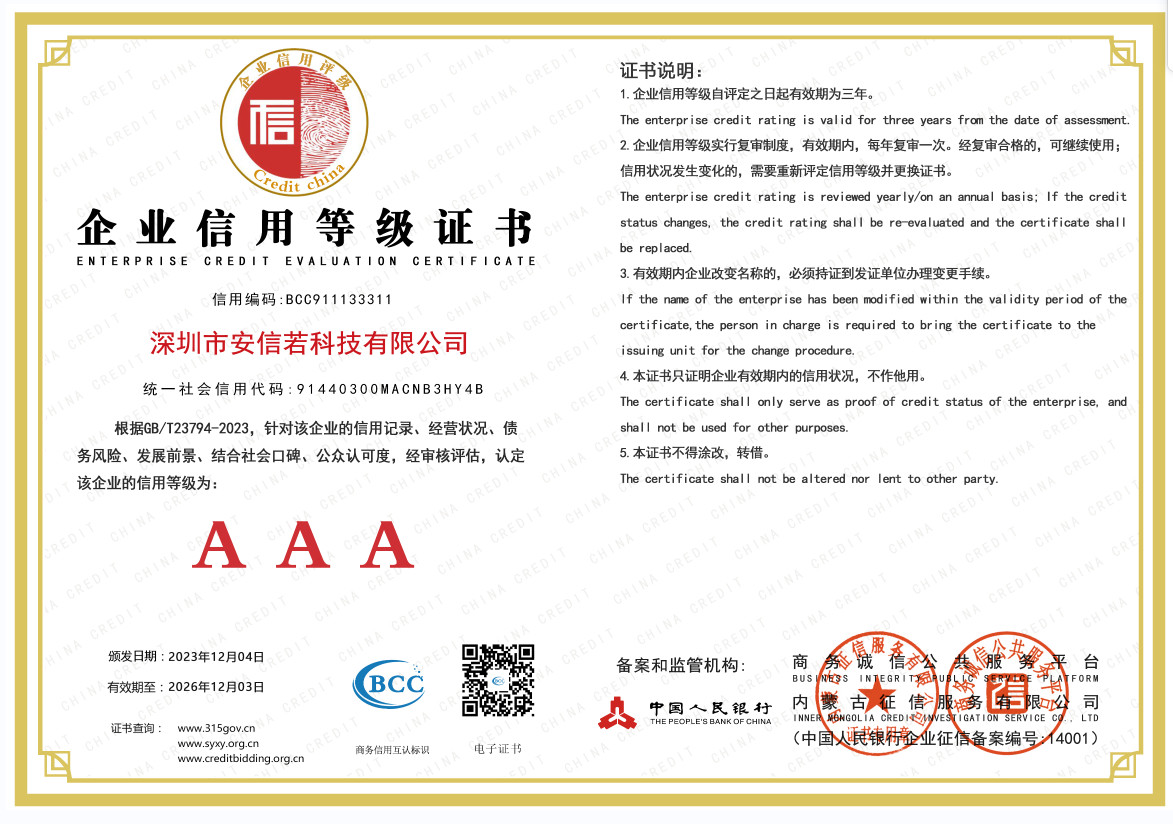 Shenzhen Anxinruo Technology Co., Ltd. Certifications