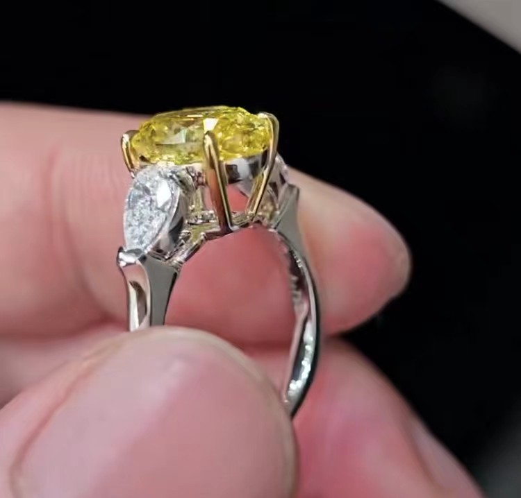 Fancy Vivid Yellow Lab Grown Diamond Rings Lab Created Colored Diamonds Three Stone Ring