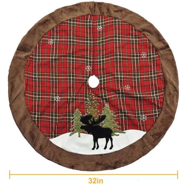 Christmas Tree Skirt, 32 Inches Plaid Tree Skirt with Reindeer, Borwn Faux Fur Border Trim for Xmas Holiday Party Decor