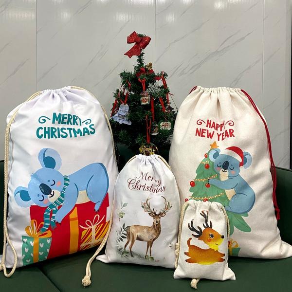 Sublimation Santa Sacks Blanks Custom Printed Logo Packaging Dust Bags Linen Drawstring Sublimation Christmas Gift Bag