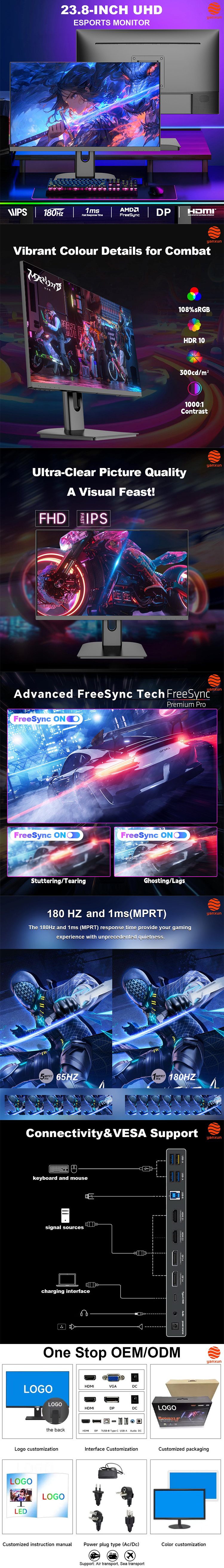 Lightweight 23.8 Inch 180 Hz Gaming Monitor UHD Resolution 300cd/M2 Brightness OEM Brand