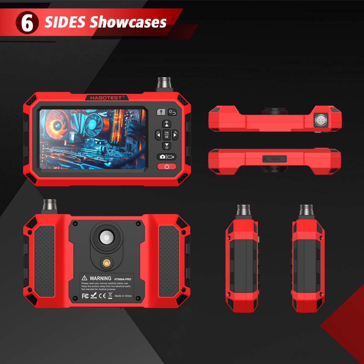 HABOTEST HT669A PRO 5-Inch Dual Lens Borescope 7MM Automotive Mechanical Sewer Pipe Inspection Camera Video Industrial Borescope
