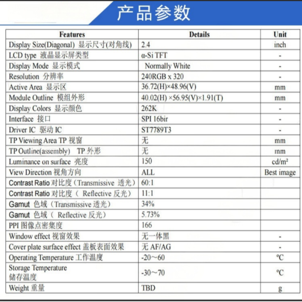2.4" Transflective Bar TFT LCD Module,240X320 Resolution,SPI 16bir Interface, Driving IC ST7701S,ALL o'clock ,G+FF,150nit