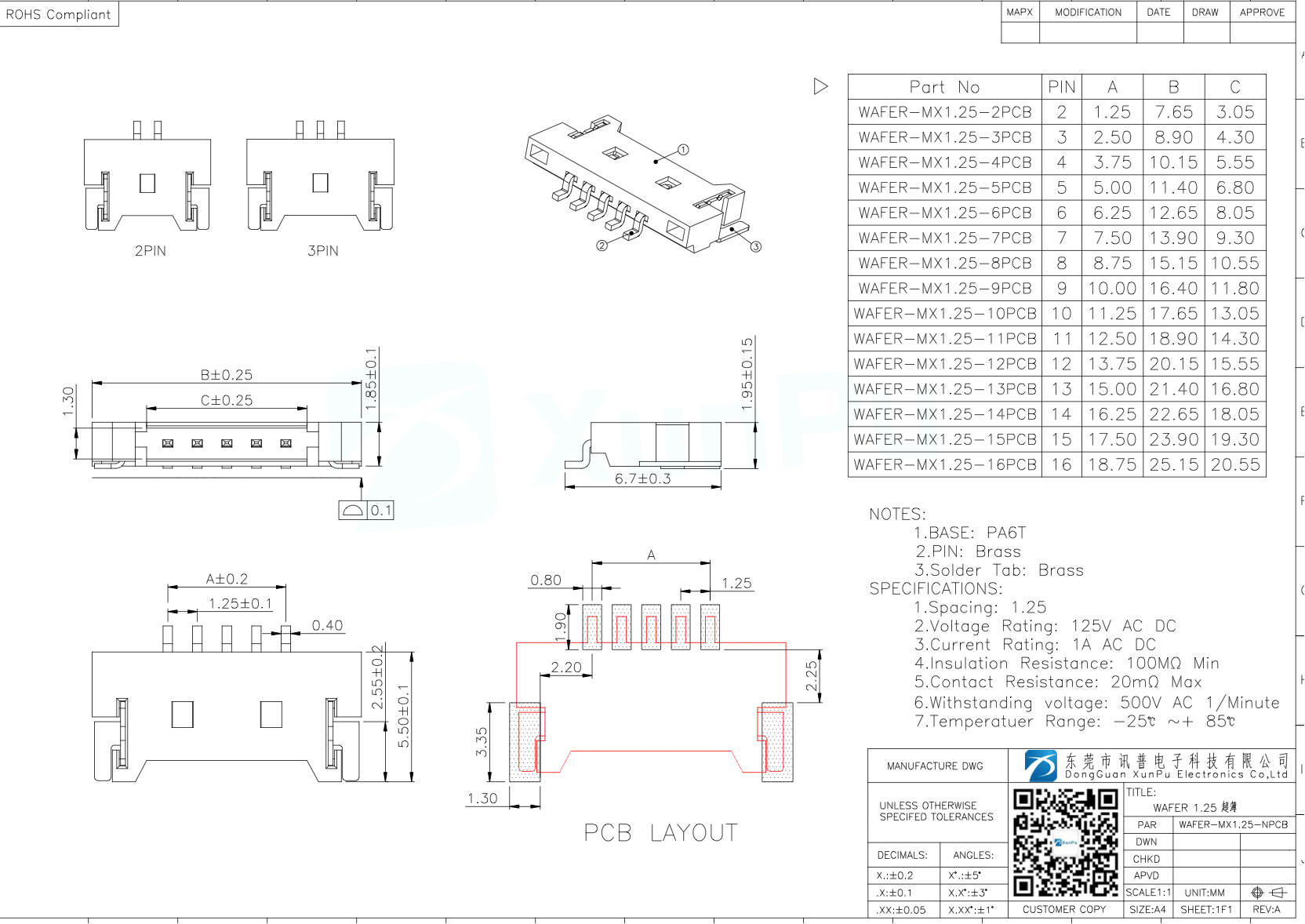 XUNPU Surface Mount PCB Board WAFER-MX1.25-6PCB for Signal Amplification Filtering